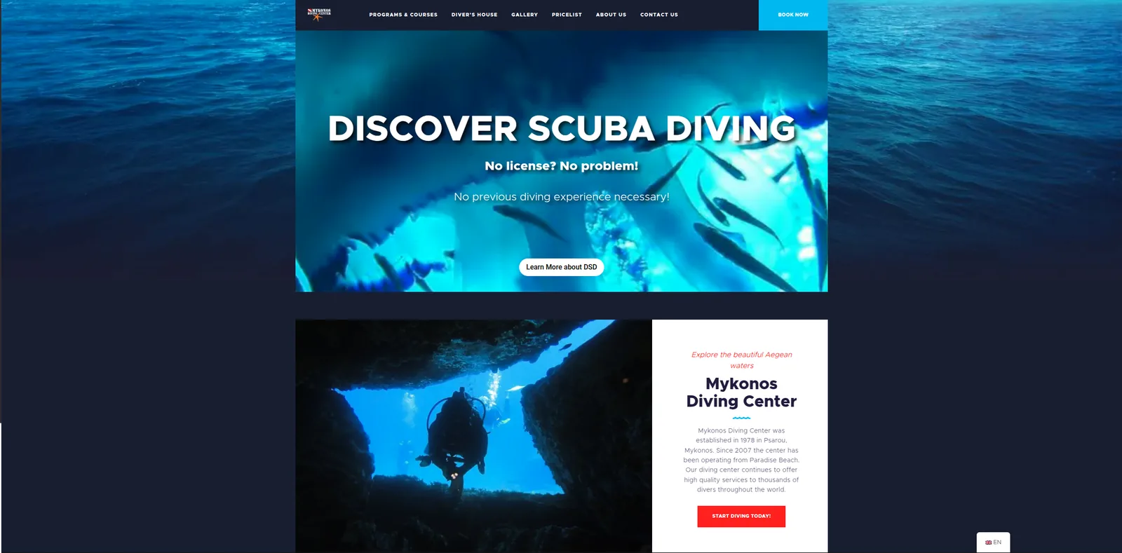 The Mykonos Diving Center website, showing an underwater hero image and the centre's introduction.